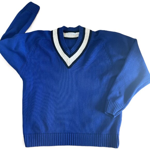 Claiborne Other - Claiborne 1990s Cricket Style Cotton Sweater Blue Cream Black Trim Size Mens Med